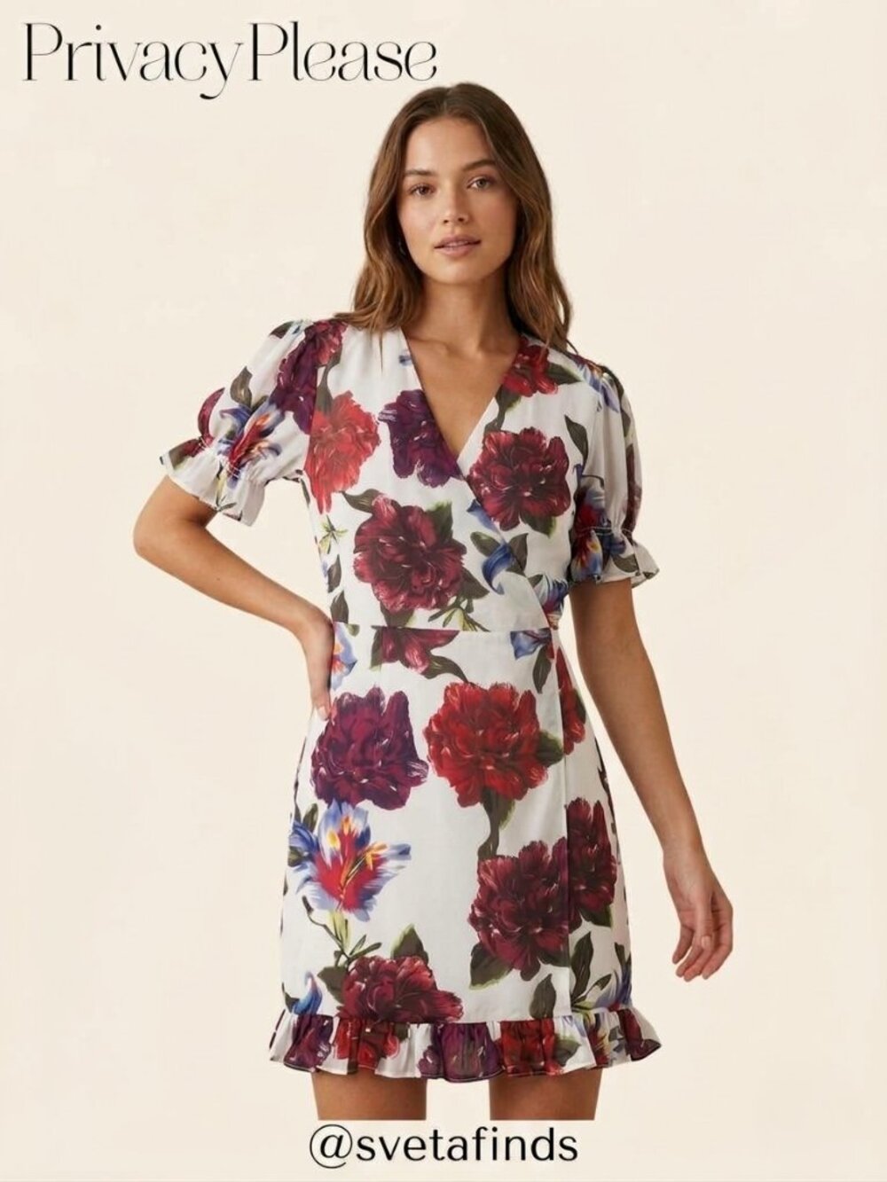 NWOT Privacy Please Floral Ruffle Wrap Mini Dress V-Neck Puff Sleeve Size L